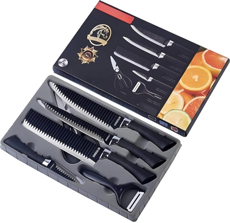 Unique Knife Set - 6 Piece Lightweight Non-Stick Kitchen Knives Set with Ergonomic Handle, Includes Chef Knife, Paring Knife, Slicing Knife, Vegetable Peeler, and 1 Pair Scissors for Easy Food Prep